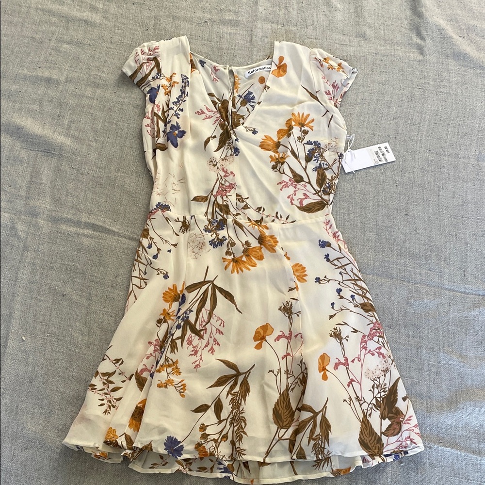 Reformation Cream Floral V-Neck Dress with Mustard & Blue Blooms